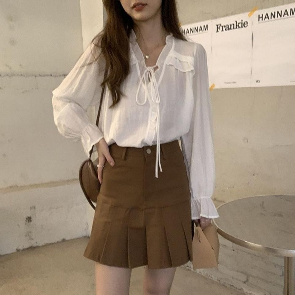 V-Neck Lace Trim Blouse for Women – Elegant Loose Fit Bell Sleeve Top with Tie Detail