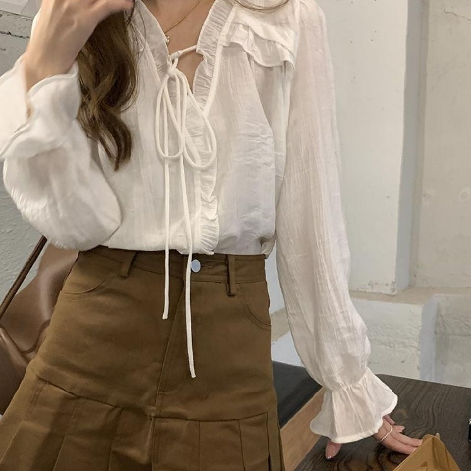 V-Neck Lace Trim Blouse for Women – Elegant Loose Fit Bell Sleeve Top with Tie Detail