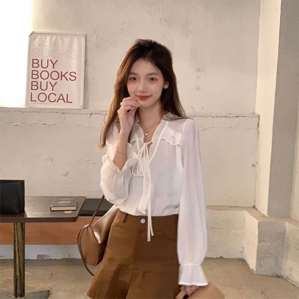 V-Neck Lace Trim Blouse for Women – Elegant Loose Fit Bell Sleeve Top with Tie Detail