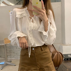 V-Neck Lace Trim Blouse for Women – Elegant Loose Fit Bell Sleeve Top with Tie Detail