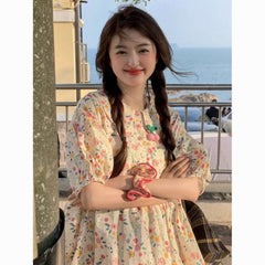 Sweet Floral  Top - Loose Fit Cute Bubble Short Sleeve Shirt