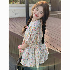 Sweet Floral  Top - Loose Fit Cute Bubble Short Sleeve Shirt