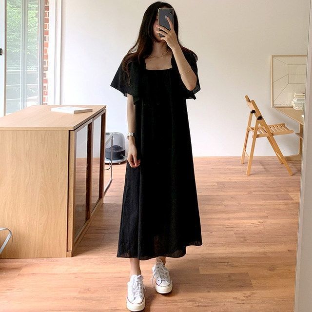 Square Neck Vacation Style Tie Waist Dress – Ruffled Mid-Length Loose Short Sleeve Dress