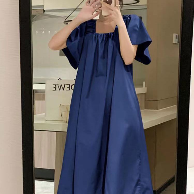 Square Neck Vacation Style Tie Waist Dress – Ruffled Mid-Length Loose Short Sleeve Dress