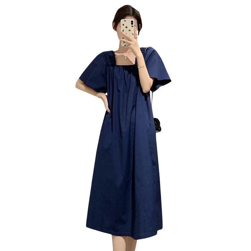 Square Neck Vacation Style Tie Waist Dress – Ruffled Mid-Length Loose Short Sleeve Dress
