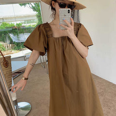 Square Neck Vacation Style Tie Waist Dress – Ruffled Mid-Length Loose Short Sleeve Dress