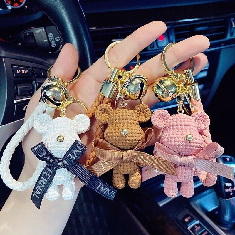 Streetwear Wool Bear Keychain 3D Figurine for Women - Cartoon Bear Backpack Pendant & Car Keychain Gift