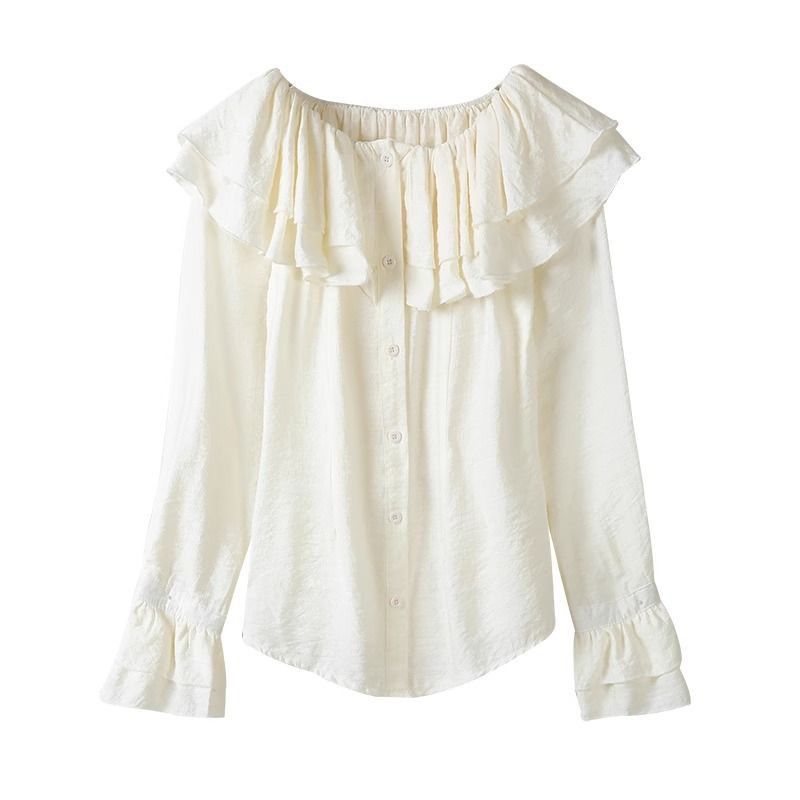 Ruffled French-Style One-Shoulder Shirt for Women – Korean Design, Waist-Tight Long Sleeve Top