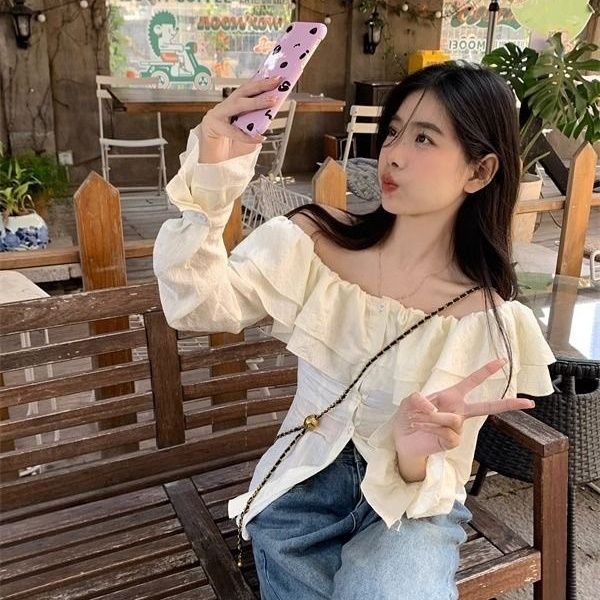 Ruffled French-Style One-Shoulder Shirt for Women – Korean Design, Waist-Tight Long Sleeve Top