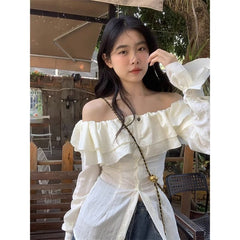 Ruffled French-Style One-Shoulder Shirt for Women – Korean Design, Waist-Tight Long Sleeve Top