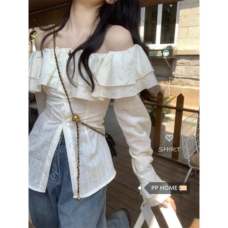 Ruffled French-Style One-Shoulder Shirt for Women – Korean Design, Waist-Tight Long Sleeve Top