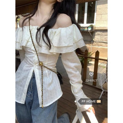 Ruffled French-Style One-Shoulder Shirt for Women – Korean Design, Waist-Tight Long Sleeve Top
