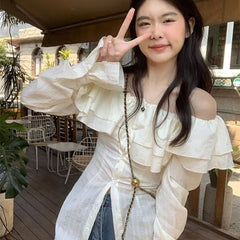Ruffled French-Style One-Shoulder Shirt for Women – Korean Design, Waist-Tight Long Sleeve Top