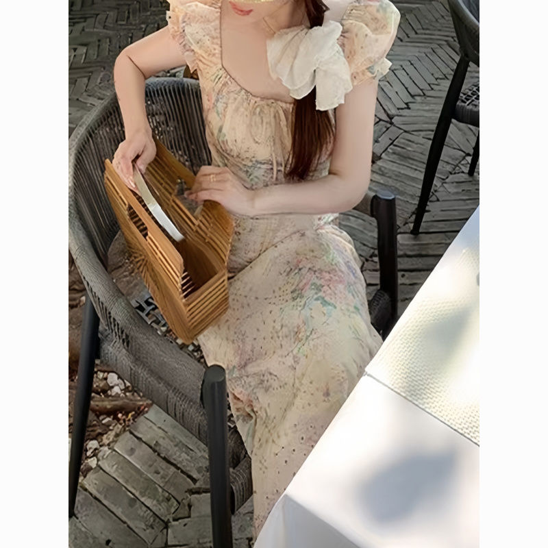 French Embroidered Floral Square Neck Dress - Slimming Waist-Cinching Vacation Long Dress for Women