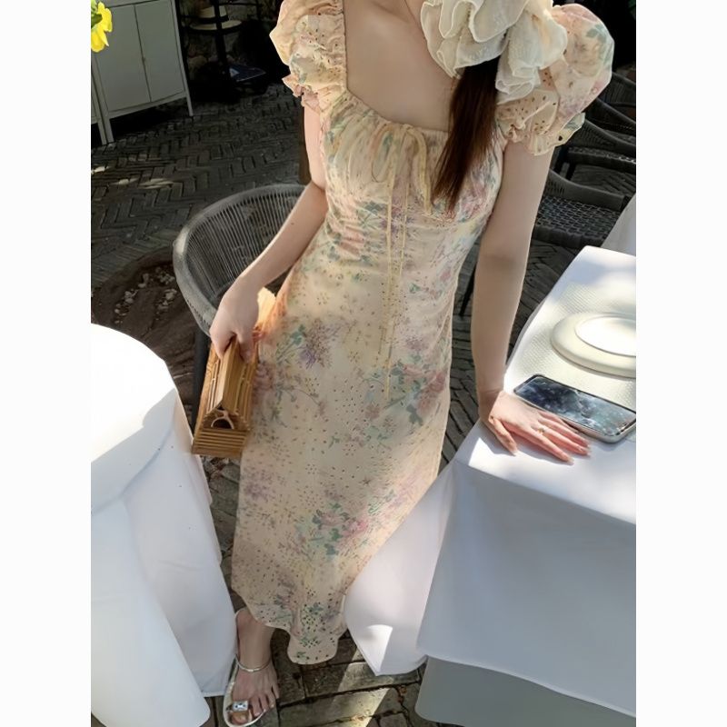 French Embroidered Floral Square Neck Dress - Slimming Waist-Cinching Vacation Long Dress for Women