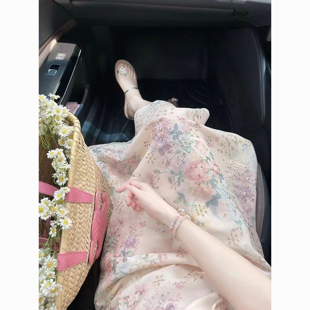 French Embroidered Floral Square Neck Dress - Slimming Waist-Cinching Vacation Long Dress for Women