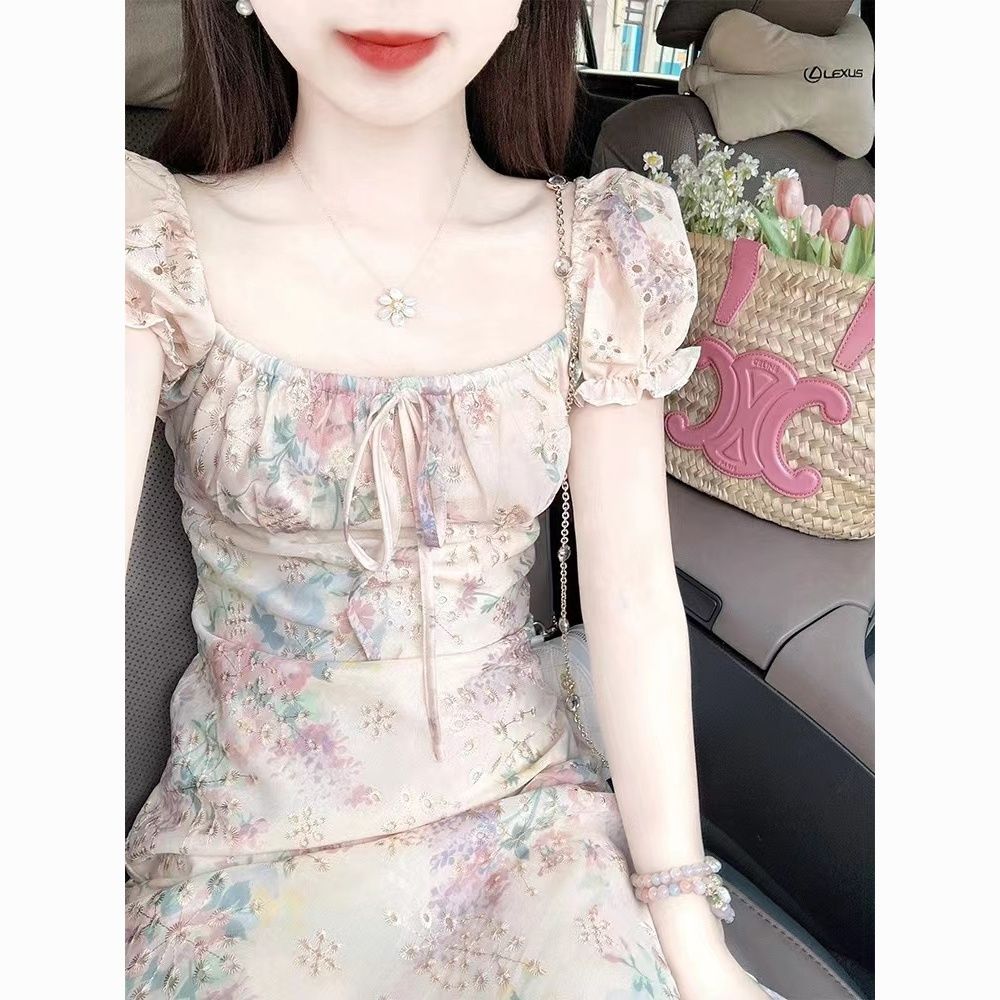 French Embroidered Floral Square Neck Dress - Slimming Waist-Cinching Vacation Long Dress for Women