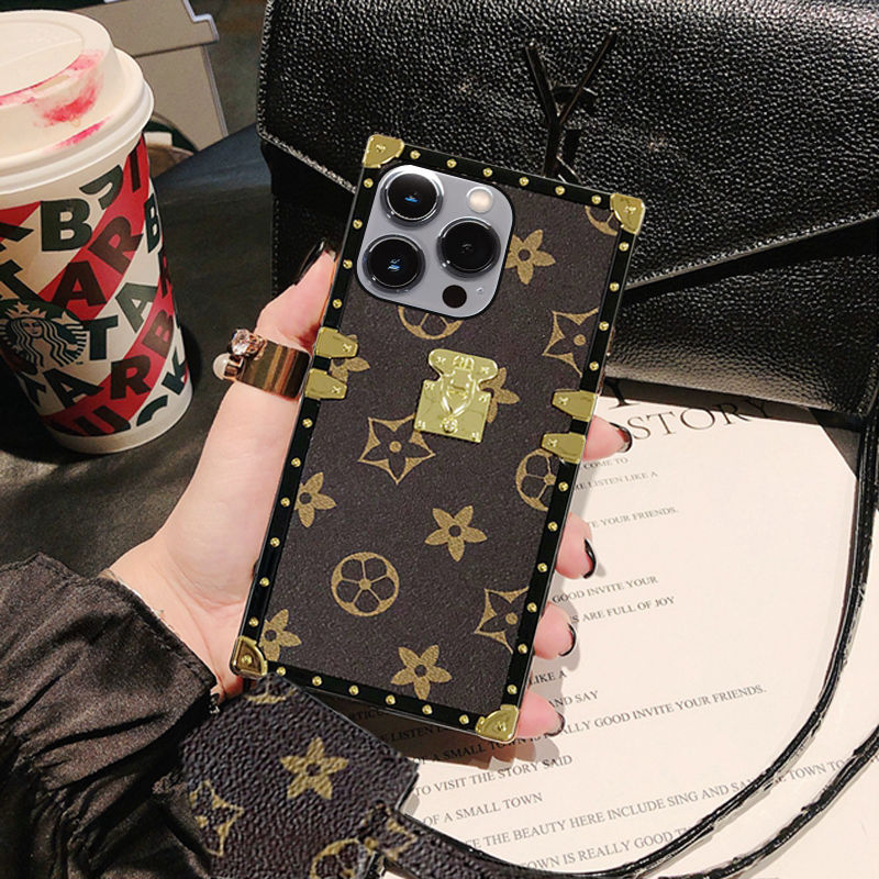 Luxurious Streetwear iPhone Case with Strap, Shockproof Square Design for iPhone
