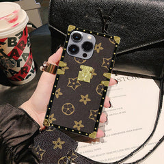 Luxurious Streetwear iPhone Case with Strap, Shockproof Square Design for iPhone
