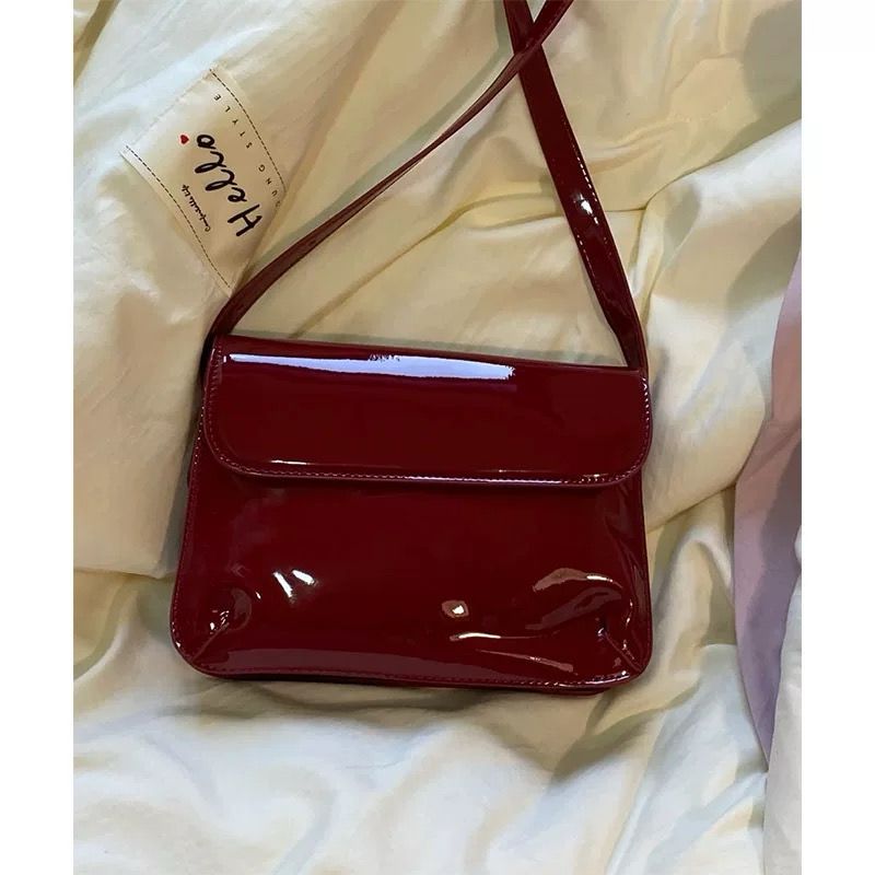 Vintage Red Patent Leather Small Square Bag, Fashionable Handbag and Shoulder Crossbody Bag