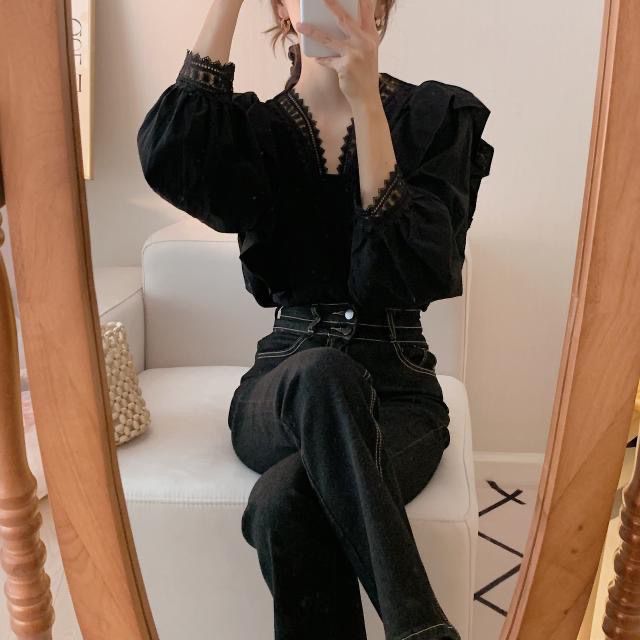 Chic Lace French Ruffle Puff Sleeve Long Sleeve Shirt for Women, V-neck