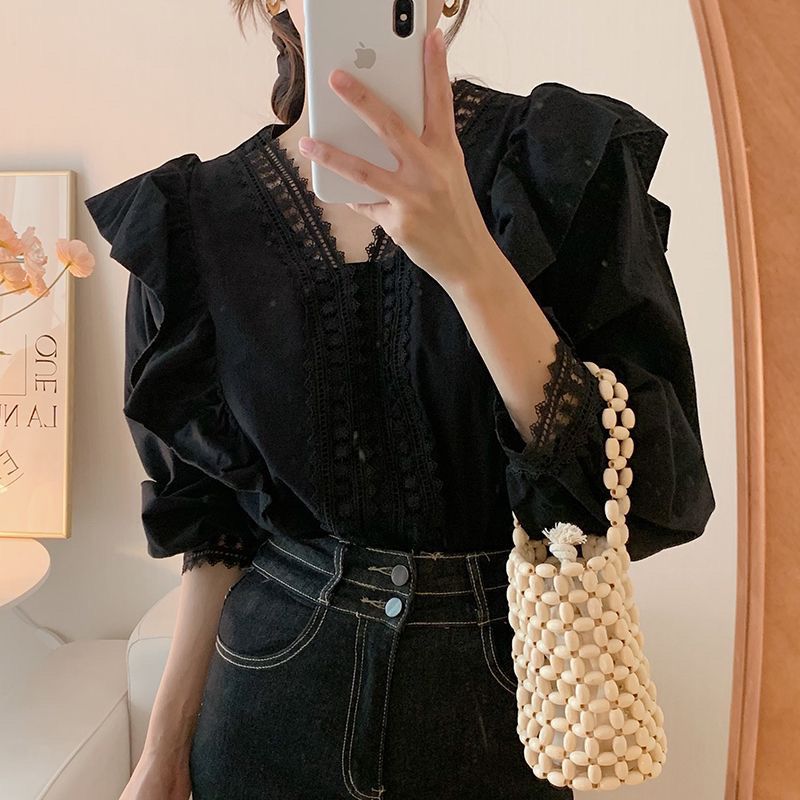 Chic Lace French Ruffle Puff Sleeve Long Sleeve Shirt for Women, V-neck