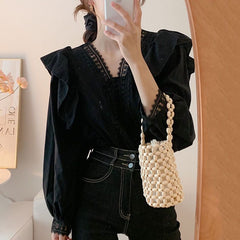 Chic Lace French Ruffle Puff Sleeve Long Sleeve Shirt for Women, V-neck