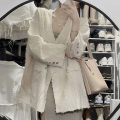 Feather Tassel Blazer with Heart Buttons – Elegant Jacket for Women