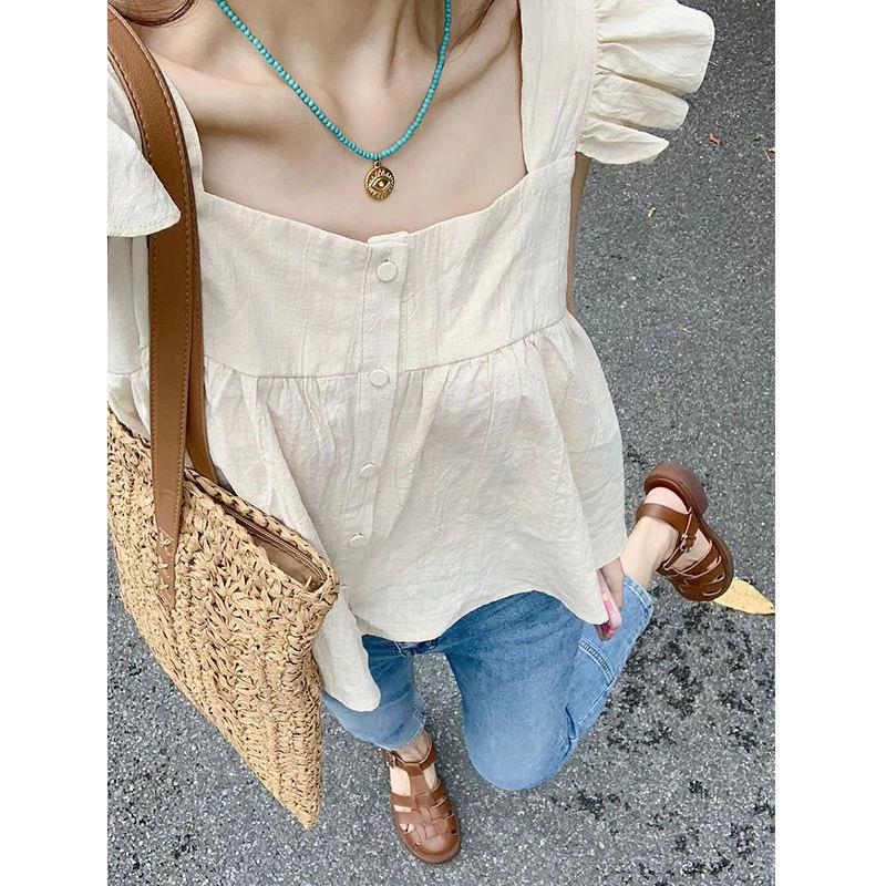Chic Ruffle Tank Top – Square Neck Button-Up Sleeveless Blouse