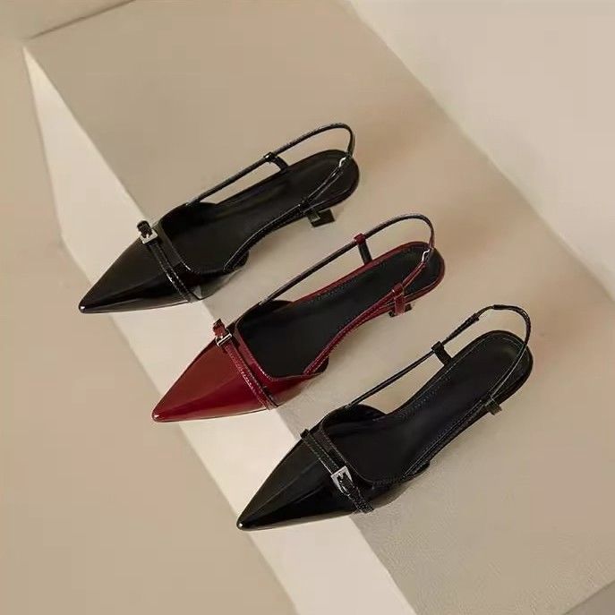 Wine Red Patent Leather Pointed Toe Mules – Vintage Mid-Heel Backless