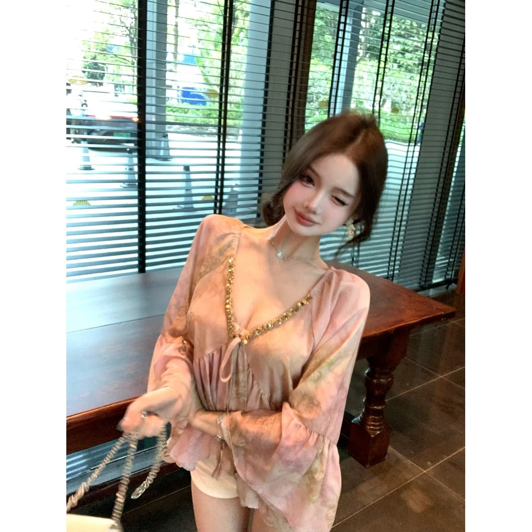 French Sequin V-Neck Chiffon Blouse – Elegant Loose Long Sleeve Statement Shirt for Women