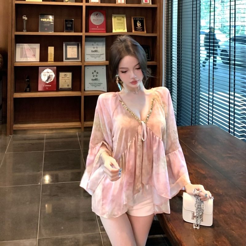 French Sequin V-Neck Chiffon Blouse – Elegant Loose Long Sleeve Statement Shirt for Women