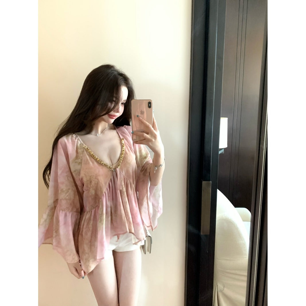 French Sequin V-Neck Chiffon Blouse – Elegant Loose Long Sleeve Statement Shirt for Women