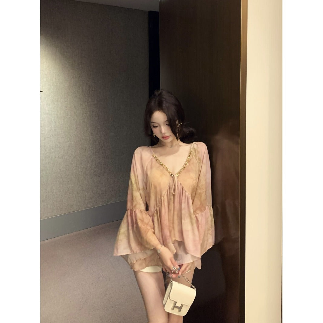 French Sequin V-Neck Chiffon Blouse – Elegant Loose Long Sleeve Statement Shirt for Women