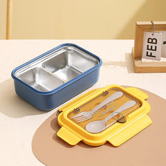 Nordic Style Microwaveable Lunch Box – PP Outer Shell with 304 Stainless Steel Compartment, Fork & Spoon Included – Portable and Leak-Proof Food Container