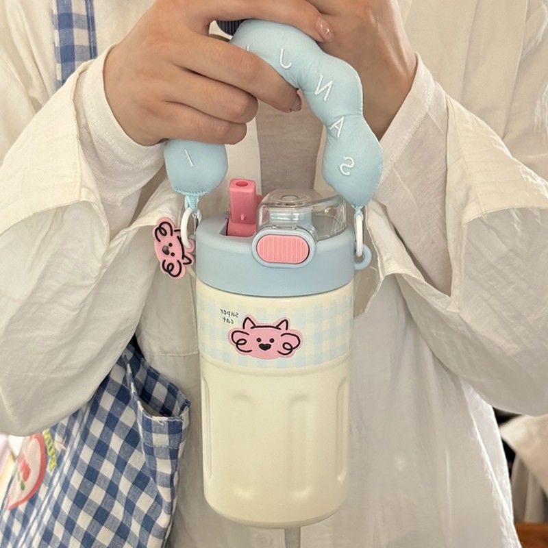 Insulated Water Bottle for Girls – High Aesthetic, Large Capacity, Kids' Portable Student Cup with Straw
