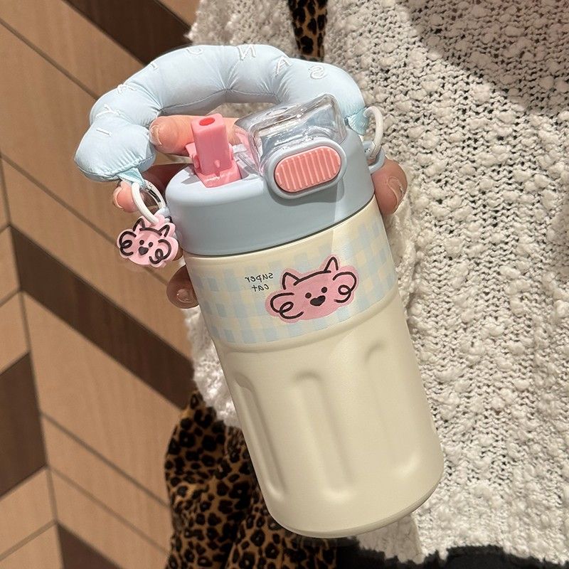 Insulated Water Bottle for Girls – High Aesthetic, Large Capacity, Kids' Portable Student Cup with Straw