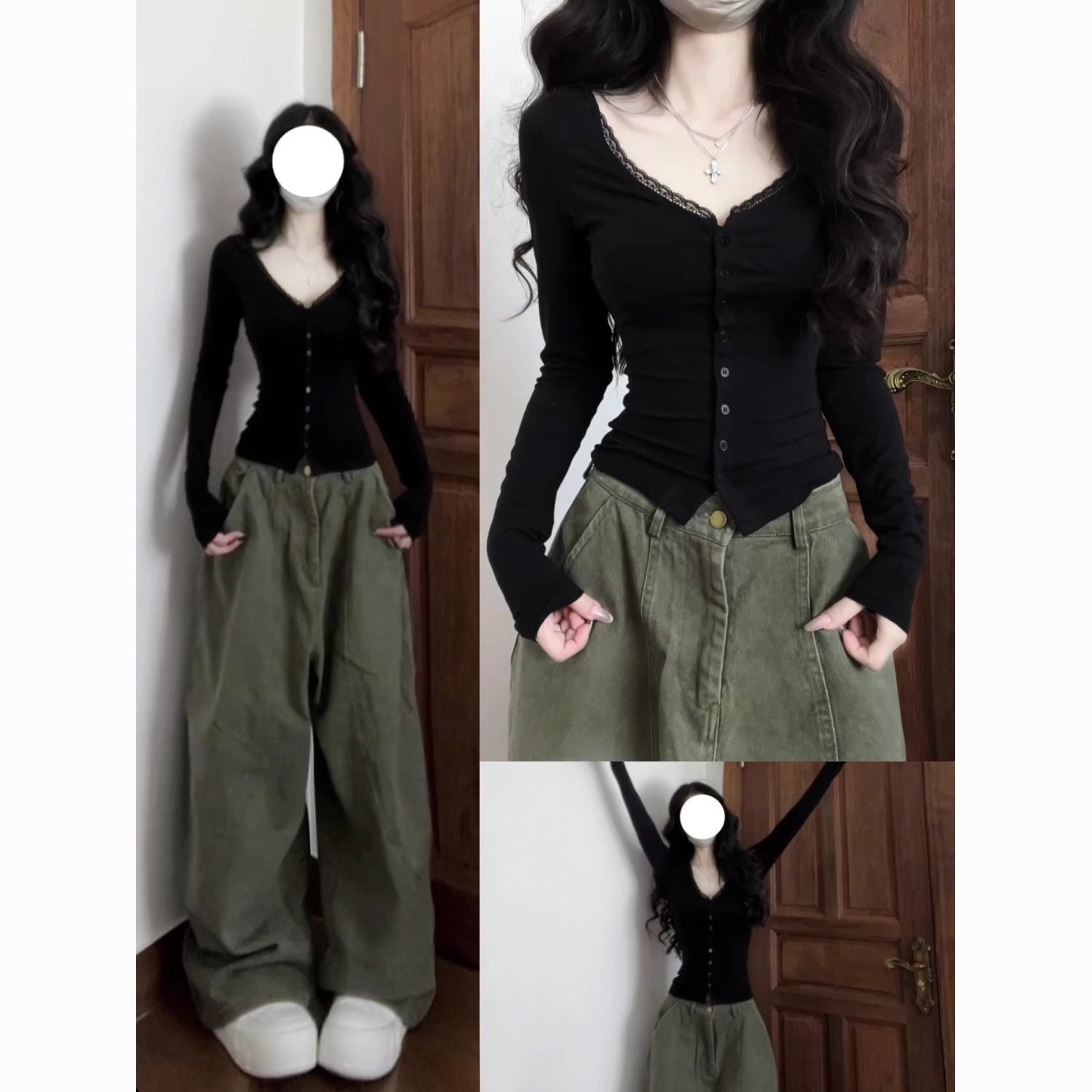 Sexy V-Neck Lace Long Sleeve Top for Women – Slim Fit Waist-Shaping T-Shirt