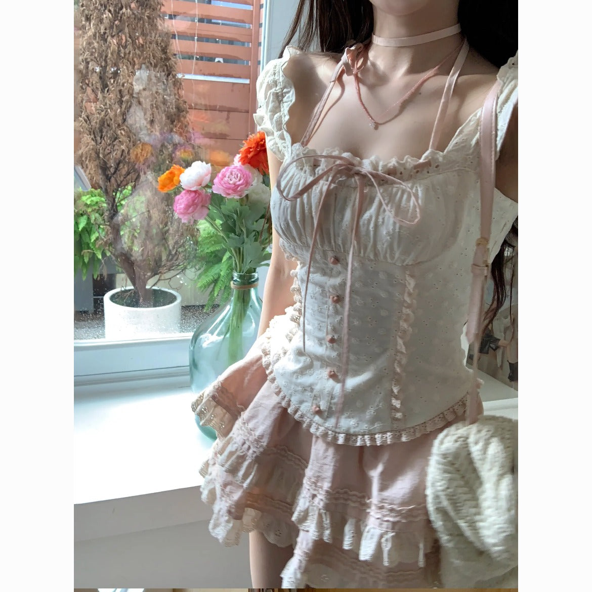 Sweet Floral Two-Piece Set for Women – Puff Sleeve Top and Princess Style Skirt