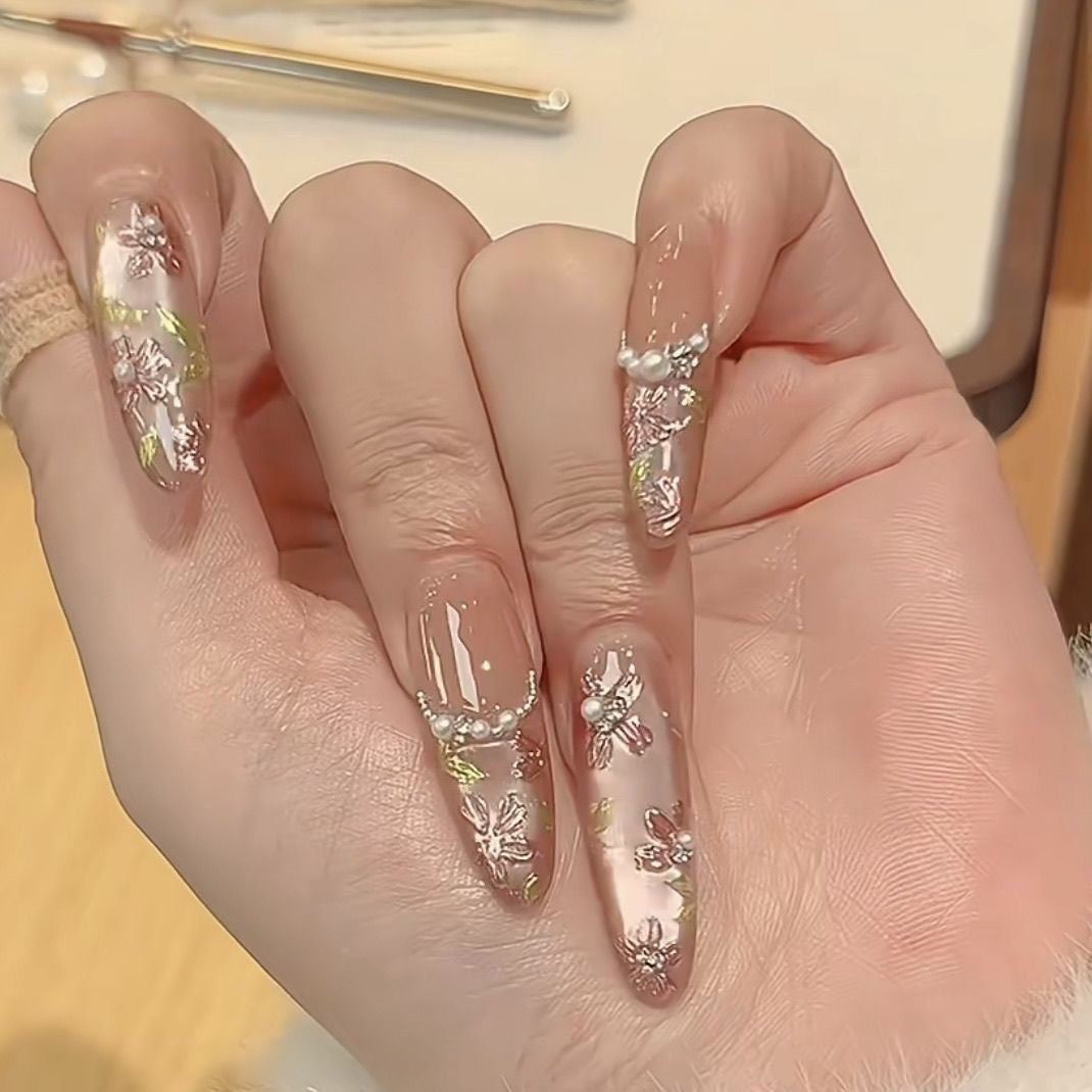 Golden Jade Bloom Cat Eye Handmade Press-On Nails – Elegant High-End Hand-Painted False Nails