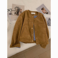 Korean Style Suede Short Jacket for Women – Fashionable Petite Outerwear Versatile Chic Top