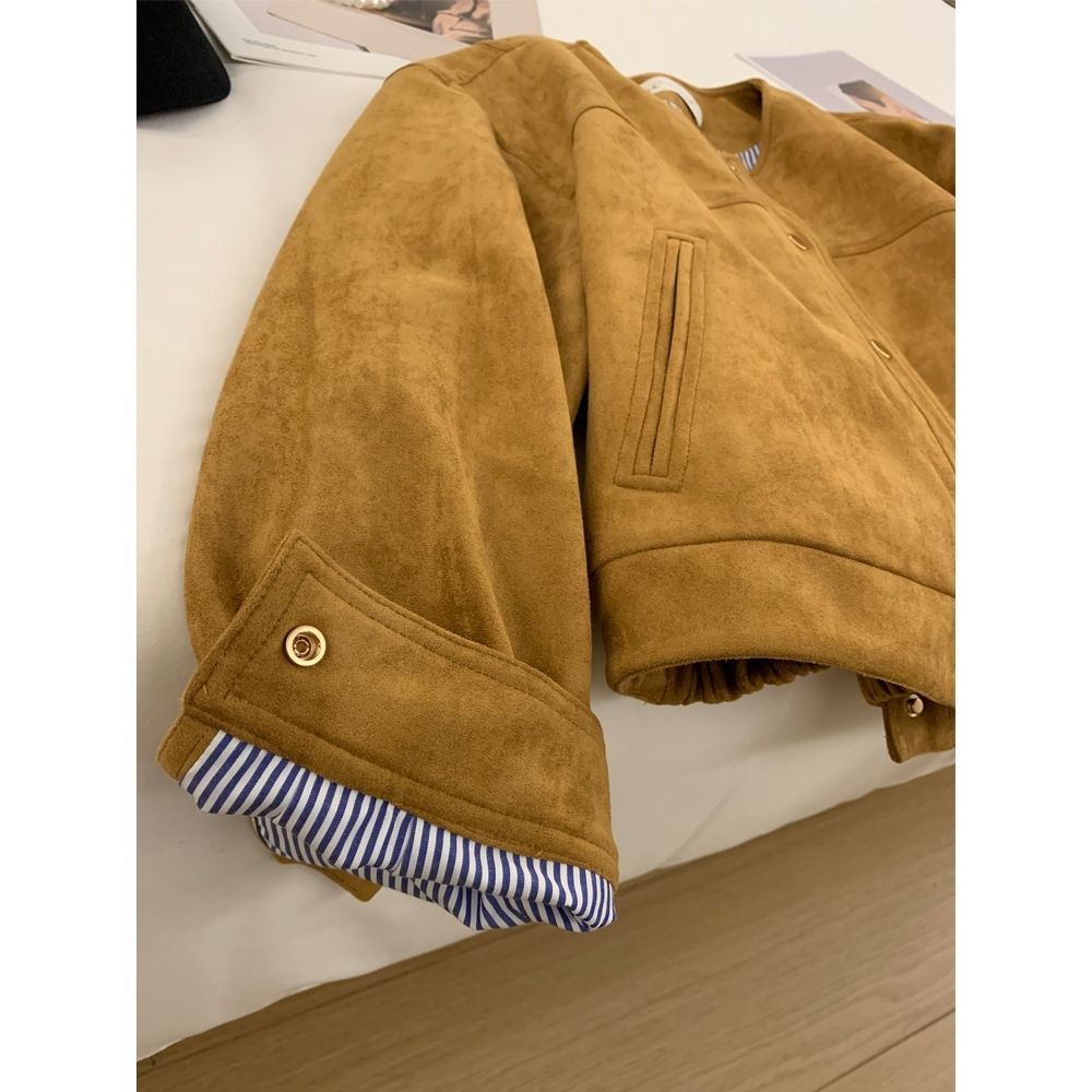 Korean Style Suede Short Jacket for Women – Fashionable Petite Outerwear Versatile Chic Top
