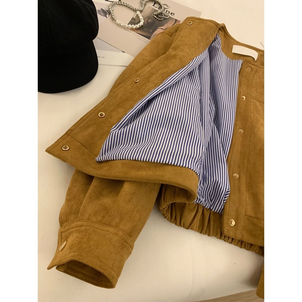 Korean Style Suede Short Jacket for Women – Fashionable Petite Outerwear Versatile Chic Top