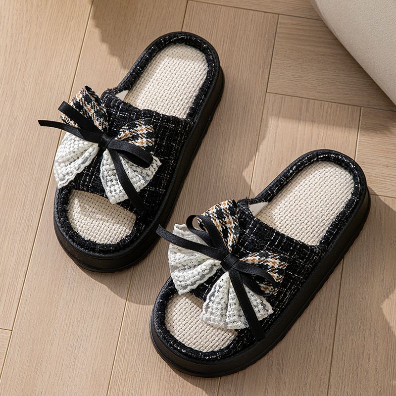 Lace Bow Linen Slippers for Women – Super Soft Sweat Absorbing Non Slip Indoor Outdoor Slides