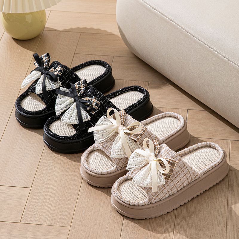 Lace Bow Linen Slippers for Women – Super Soft Sweat Absorbing Non Slip Indoor Outdoor Slides