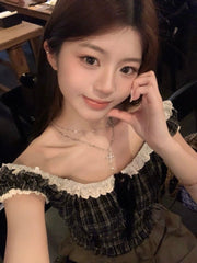 Retro Plaid Off-Shoulder Sleeveless Top – Colorblock Sexy Streetwear Style