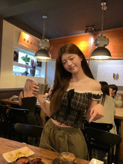 Retro Plaid Off-Shoulder Sleeveless Top – Colorblock Sexy Streetwear Style