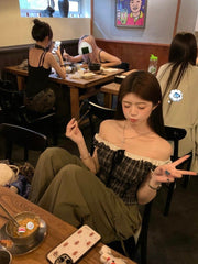 Retro Plaid Off-Shoulder Sleeveless Top – Colorblock Sexy Streetwear Style