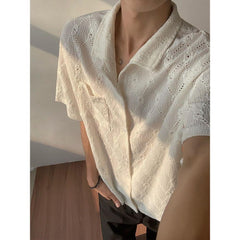 Men's Vintage Cuban Collar Polo Shirt – Loose Fit Hollow-Out Short Sleeve Top