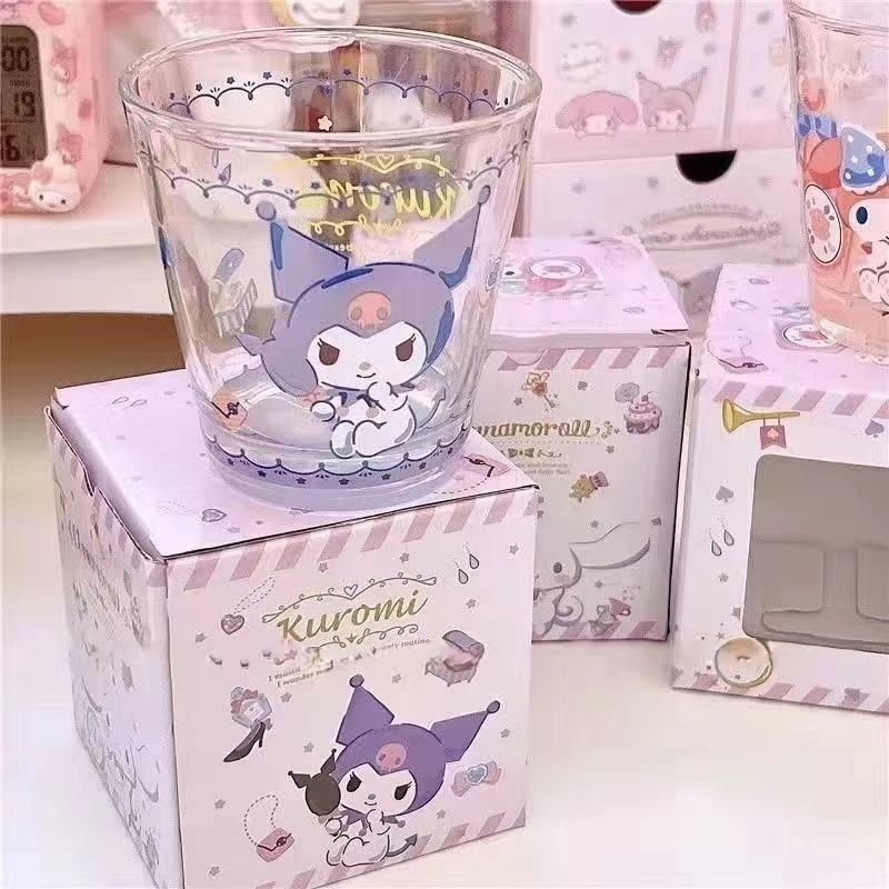 Kuromi and Cinnamoroll Glass Cup – Cute Japanese Style Drinking Cup for Milk, Juice, Water
